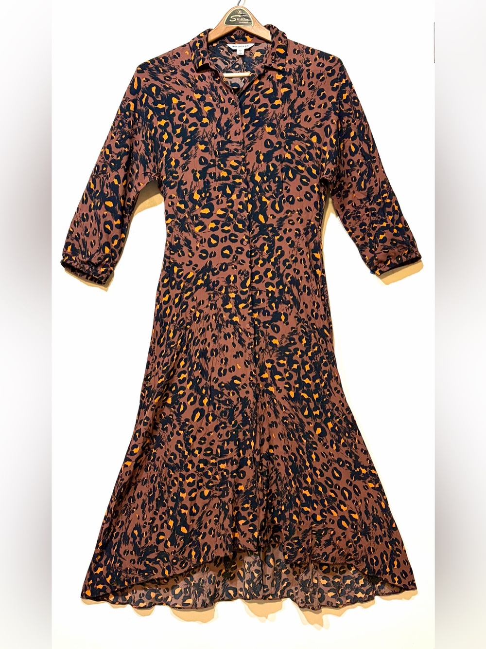 Whistles Brown & Black Leopard-Print Button Midi Dress with Orange Accents